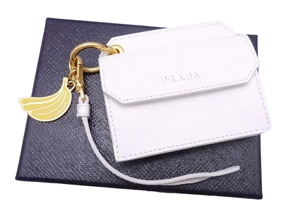 Prada Card Case Wallet Coin Charm Leather Metal White Gold